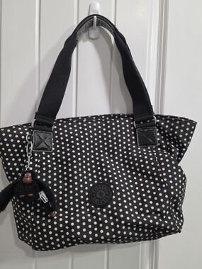 Kipling Polka Dot Black Tote Bag with Monkey Charm